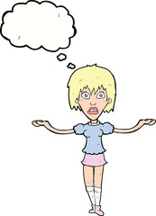 cartoon woman shrugging shoulders with thought bubble