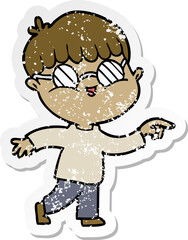distressed sticker of a cartoon boy wearing spectacles