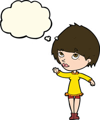 cartoon woman waving with thought bubble