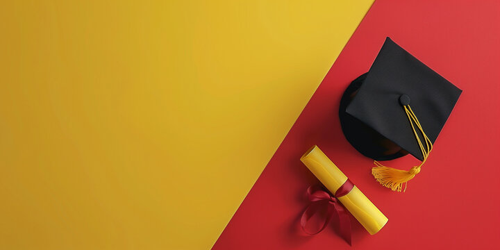 Graduation Cap and Diploma on Color Background - Academic Achievement and Education Symbol for Promotional Use.