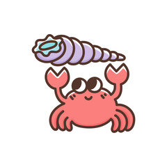 Funny red crab with cute shell horn. Sea creature with funny eyes. Colorful vector illustration crustacean animal. Smiling сartoon character isolated on white background