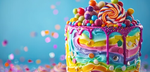A happy birthday cake decorated with colorful frosting swirls and candy toppings, a treat for the eyes and taste buds. 