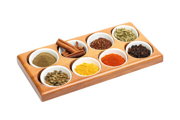 Different spicies and herb for cooking on wooden cup isolated on transparent background.