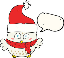 freehand drawn speech bubble cartoon owl wearing christmas hat