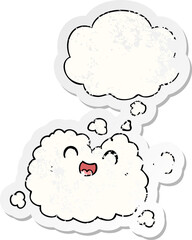 cartoon happy smoke cloud with thought bubble as a distressed worn sticker