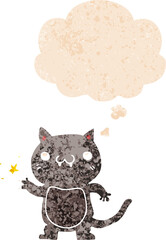 cartoon cat scratching with thought bubble in grunge distressed retro textured style