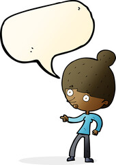 cartoon woman pointing with speech bubble