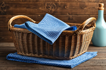 Wicker basket with blue napkin on wooden table, closeup - obrazy, fototapety, plakaty