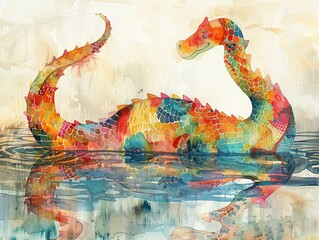 Mythical Loch Ness Monster, bright and vintage watercolor, vibrant and steeped in folklore