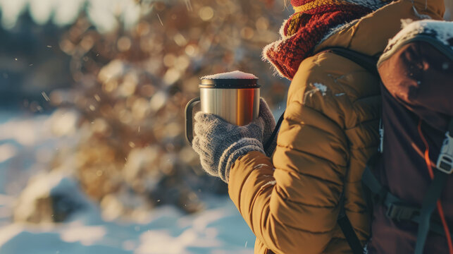 Golden sunlight illuminates a person's hands as they grip a warm cup, contrasting the surrounding winter landscape