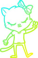 cold gradient line drawing of a cute cartoon cat with bow