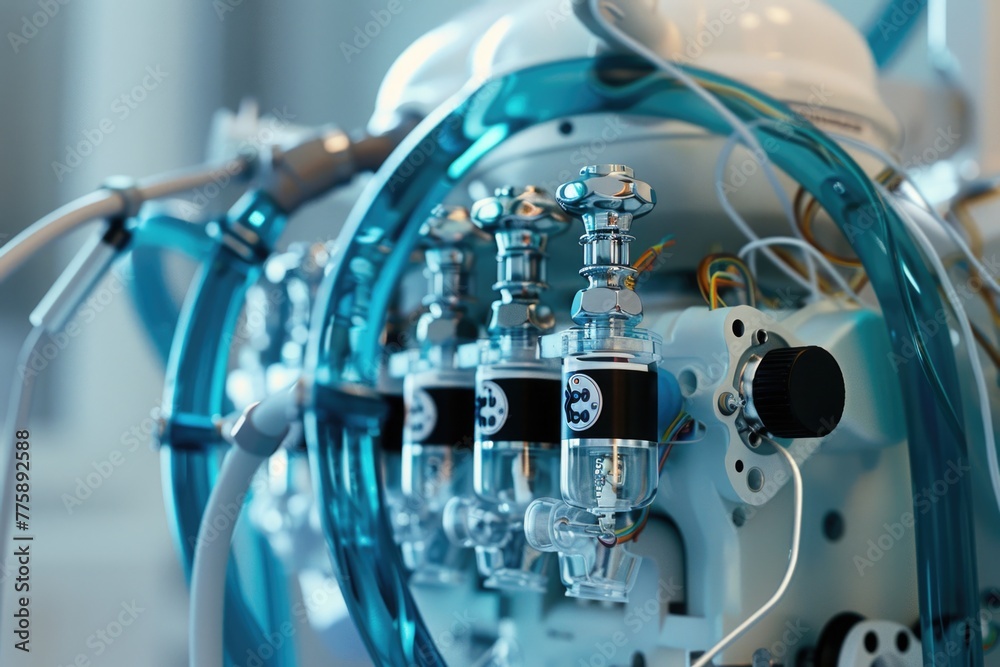 Poster Detailed view of a machine with attached wires. Ideal for tech concepts