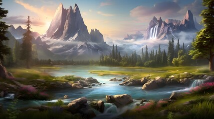 Panoramic view of a mountain river in the forest. Digital painting.