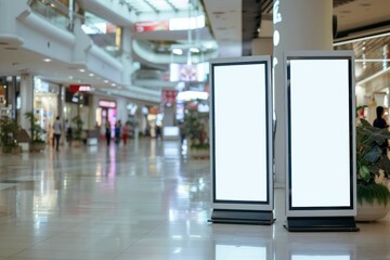 Digital screen panel stands inside a shopping center. Two rollup mockup poster stands.