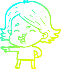 cold gradient line drawing of a cartoon girl pulling face