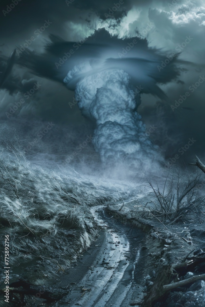 Poster a powerful tornado emerging from the sky, potential for dramatic weather-related projects