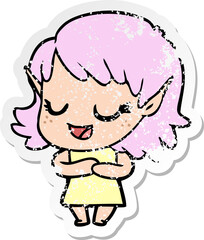 distressed sticker of a happy cartoon elf girl