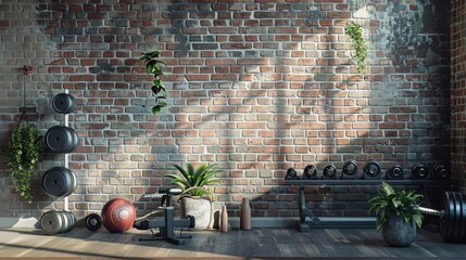 A gym room with a brick wall and a barbell, ideal for fitness and exercise concepts