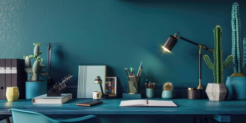 A desk with a lamp, books, and cactuses. Suitable for office or study concept