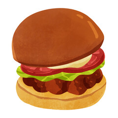 手描き　竜田揚げとトマトのハンバーガー