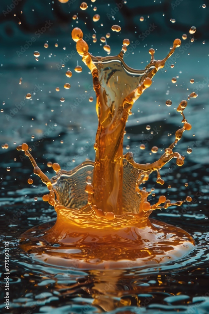 Poster a close-up shot of liquid splashing on water surface. suitable for advertising and nature concepts