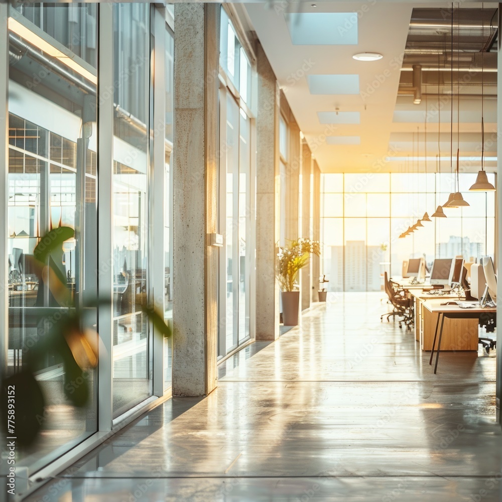 Poster a large open office space with plenty of windows for natural light. perfect for business and corpora