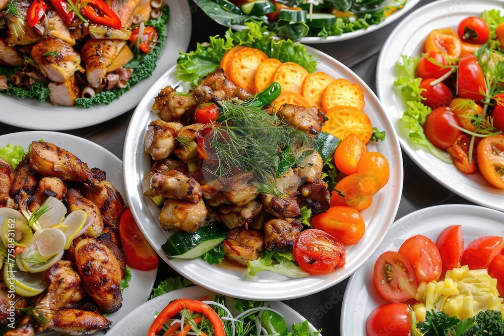 Aufkleber Different types of food displayed on a table, suitable for various culinary concepts