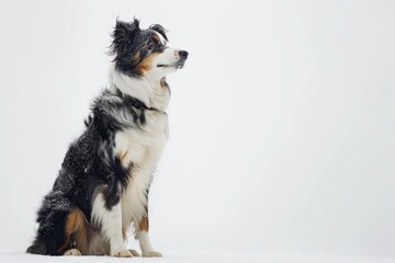 A dog sitting in the snow, looking up. Suitable for winter themes