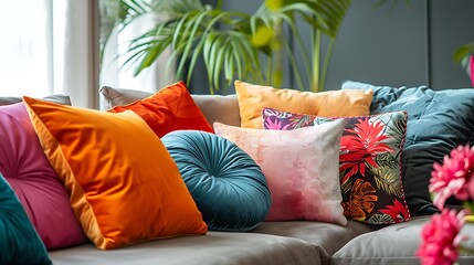 Selection of colorful cushions on a sofa