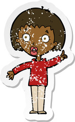 retro distressed sticker of a cartoon woman explaining her point