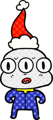 hand drawn comic book style illustration of a three eyed alien wearing santa hat