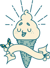 scroll banner with tattoo style ice cream character