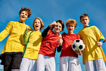 A lively group of young individuals stand closely together, holding a soccer ball with enthusiasm...