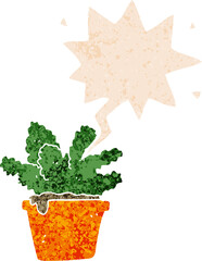 cartoon house plant with speech bubble in grunge distressed retro textured style