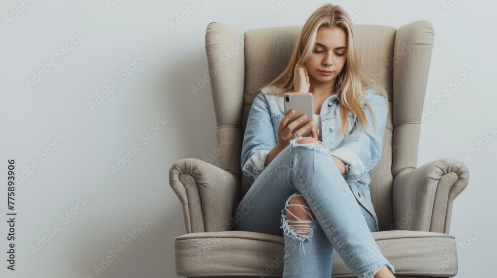 Poster a woman sitting in a chair using a cell phone. suitable for technology and communication concepts