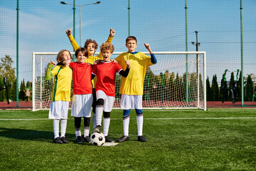 A group of young children, filled with energy and enthusiasm, stand triumphantly on top of a soccer...