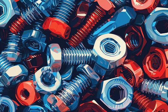 Colorful pop art background pattern of industrial nuts and bolts in red, blue and silver.