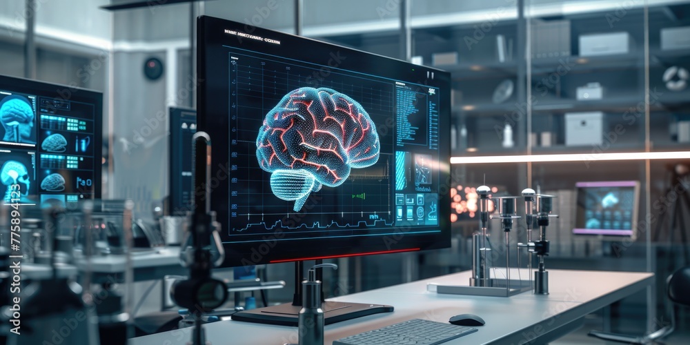 Poster Detailed brain scan displayed on a computer screen, suitable for medical or scientific concepts