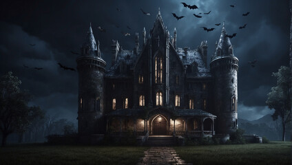 horror Gothic style castle shrouded in darkness - obrazy, fototapety, plakaty