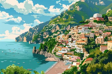 A scenic painting of a coastal town, perfect for travel brochures or website backgrounds