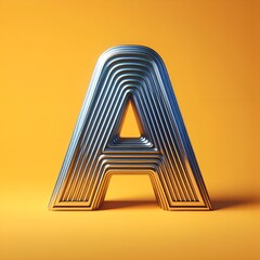 Captivating 3D metallic letter "A" against vibrant yellow background. Meticulously crafted with layers for depth, reflective surface adds metallic appearance, striking contrast with bright backdrop.