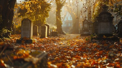 Cemetery covered in fallen leaves, suitable for seasonal designs - obrazy, fototapety, plakaty