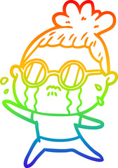 rainbow gradient line drawing of a cartoon crying woman wearing spectacles