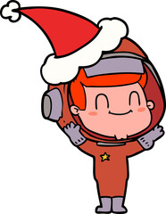 happy hand drawn line drawing of a astronaut man wearing santa hat