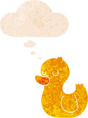 cartoon duck with thought bubble in grunge distressed retro textured style