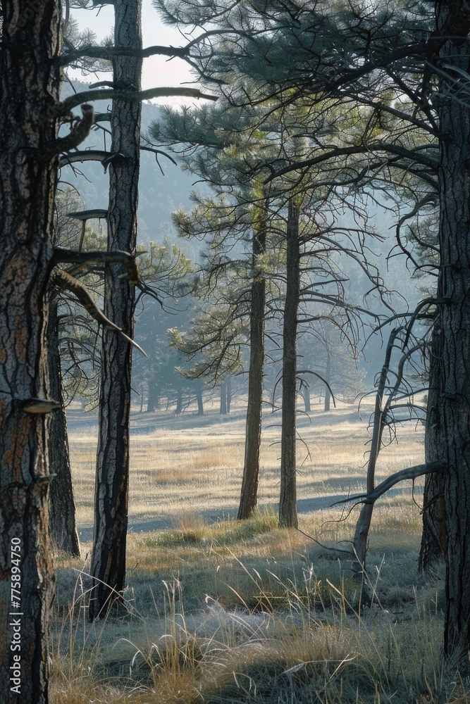 Poster a group of trees standing in the grass. suitable for nature and landscape themes