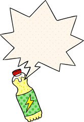 cartoon soda bottle with speech bubble in comic book style