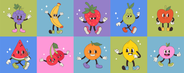 Big set of Groovy fruits. Hand draw Funny Retro vintage trendy style fruits cartoon character. Doodle Comic collection. Funny vintage fashion style on colorful backgound