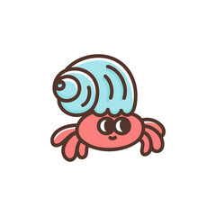 Funny hermit crab in cute shell. Sea creature with funny eyes. Colorful vector illustration crustacean animal. Smiling сartoon character isolated on white background
