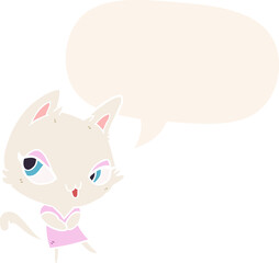 cute cartoon female cat with speech bubble in retro style